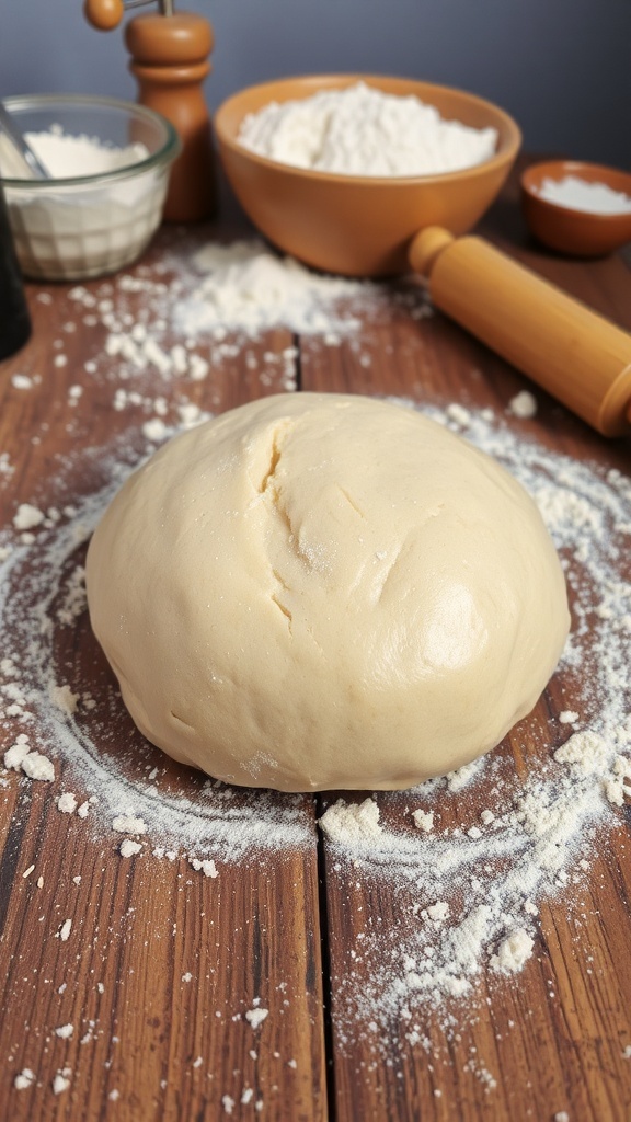 Freshly kneaded yeast dough on a wooden table, surrounded by flour and baking tools.